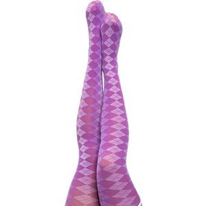 Kixies Par 4 Purple Argyle Thigh High Stockings No Slip Grips Size B NEW